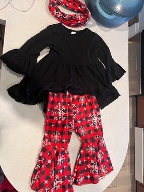 Kids Black Top and Red Plaid Snowflake Bell-Bottom Matching Set
